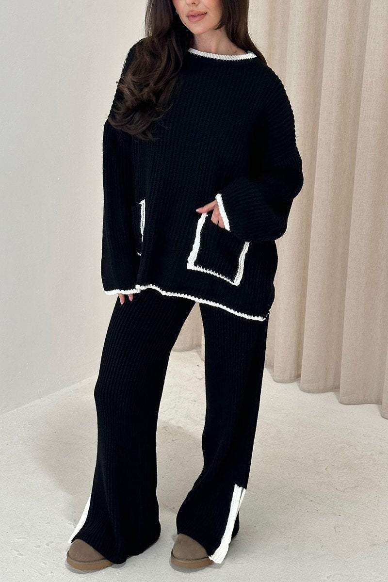 Women's Casual Contrast Pocket Knit Pants Suit