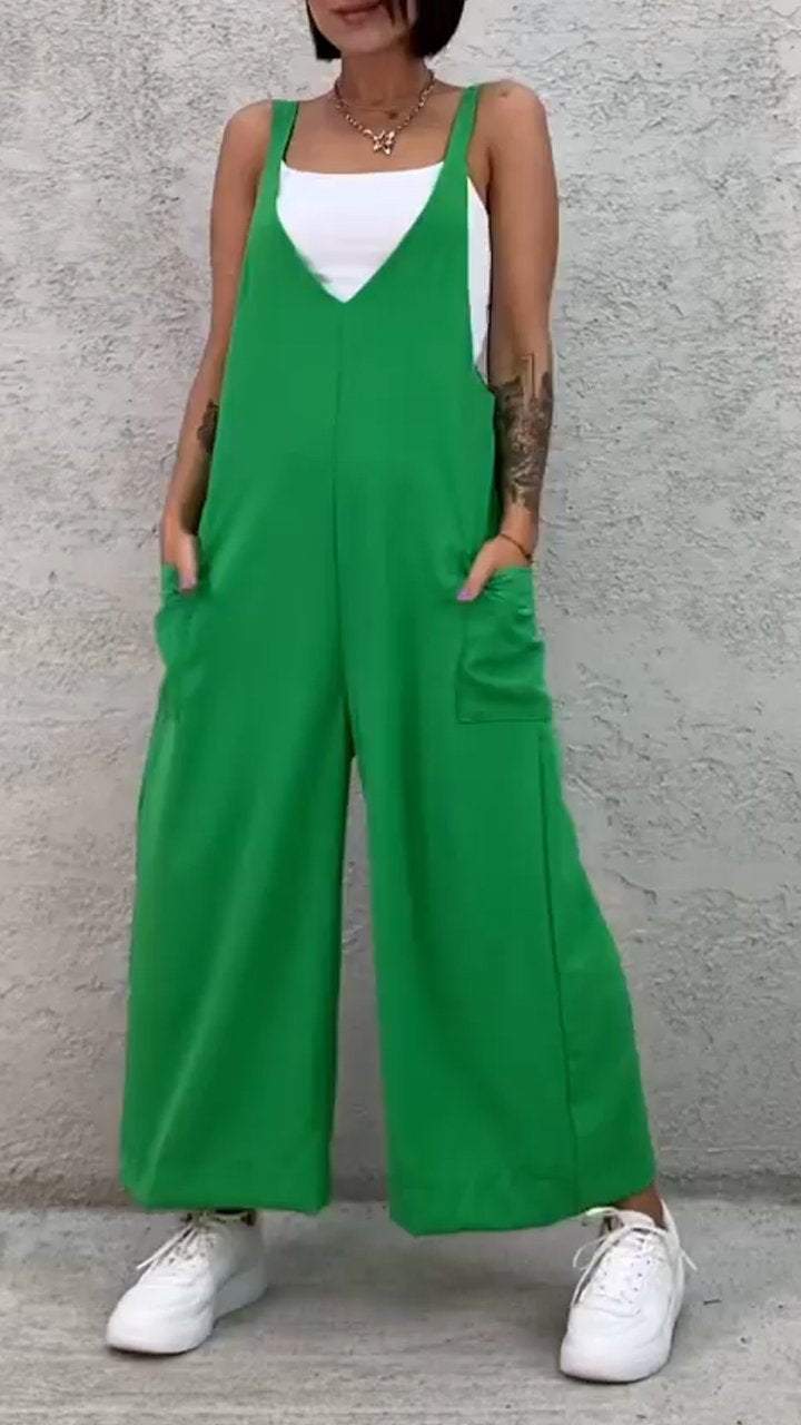 Women's V-neck Solid Color Casual Overalls