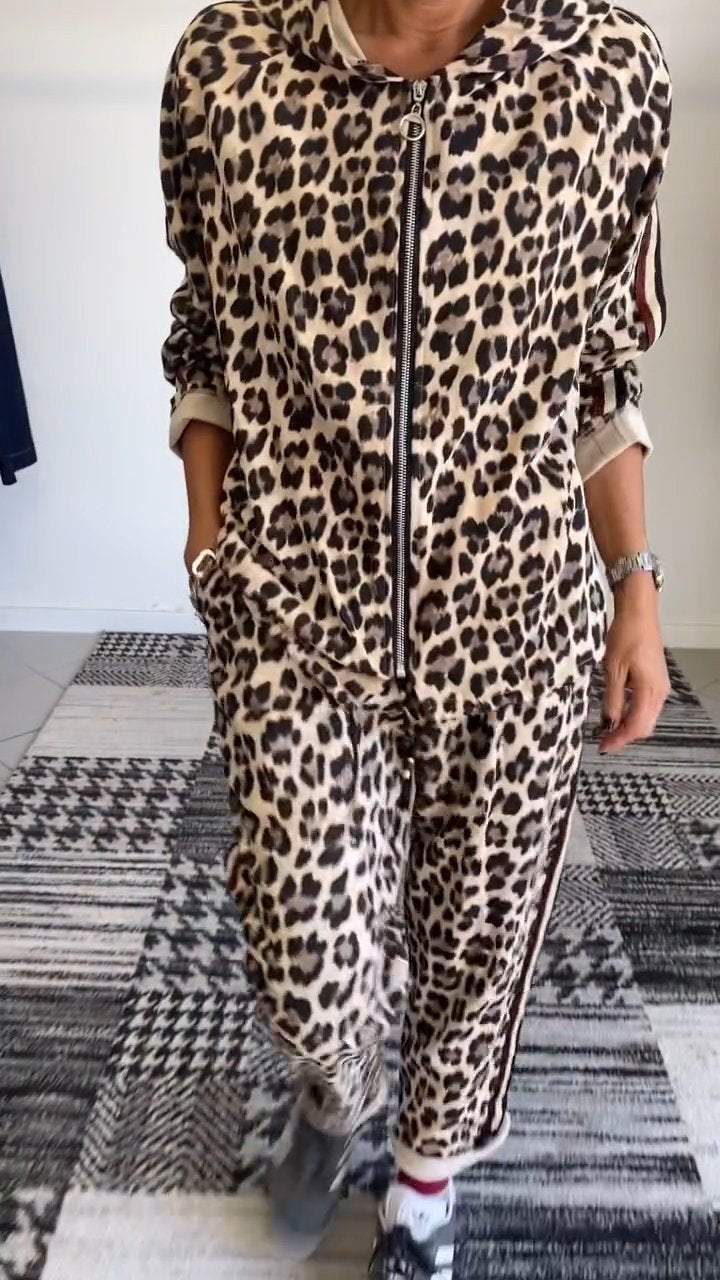 Hooded Long-sleeved Leopard Print Casual Suit