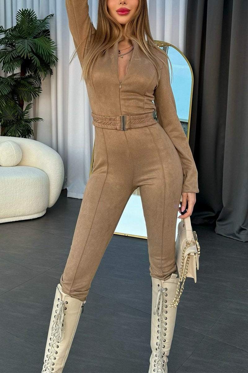 Women's Casual Solid Color Half Zip Jumpsuit