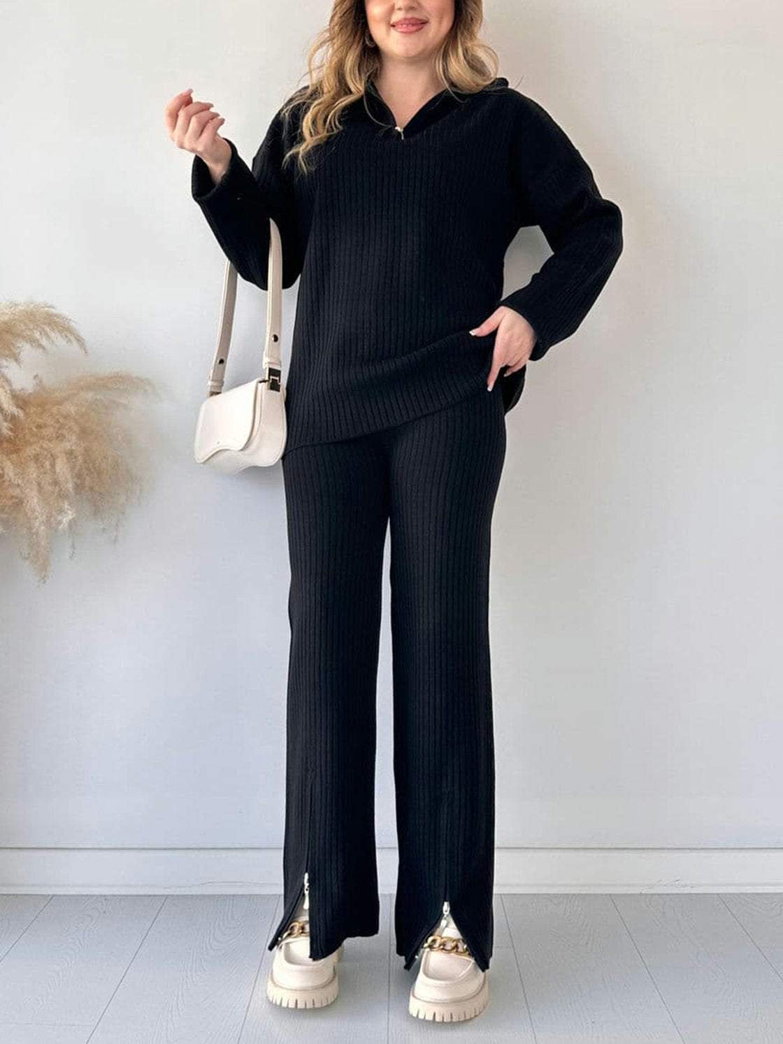 Autumn Solid Color Zipper Knitted Pants Suit