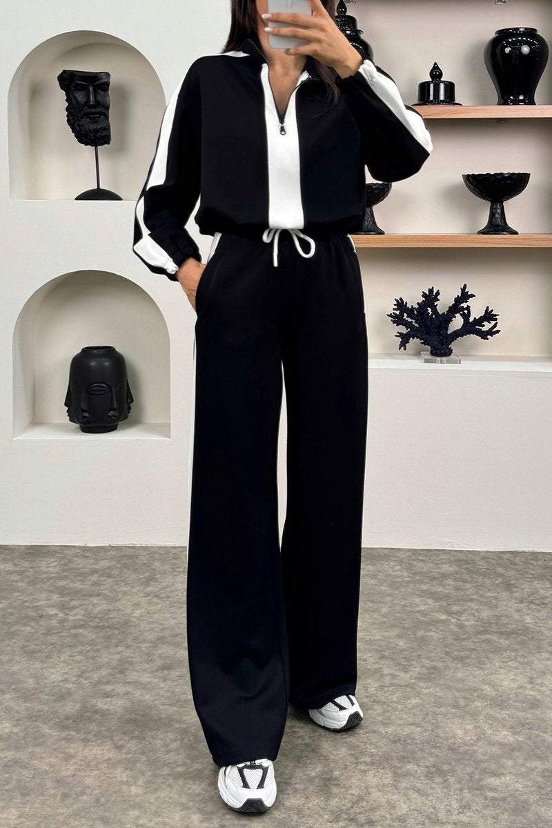 Women's Casual Contrast Color Zip Pants Suit