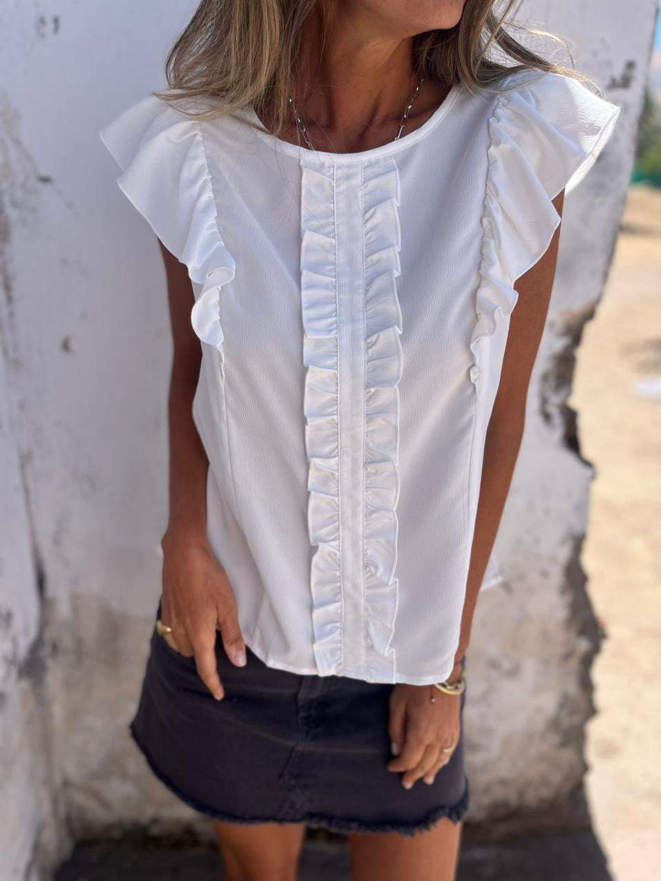 Crew-neck Top with Symmetrical Ruffles