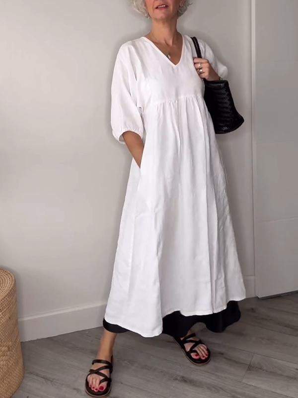 Women's V-neck Solid Color Mid-length Sleeve Dress