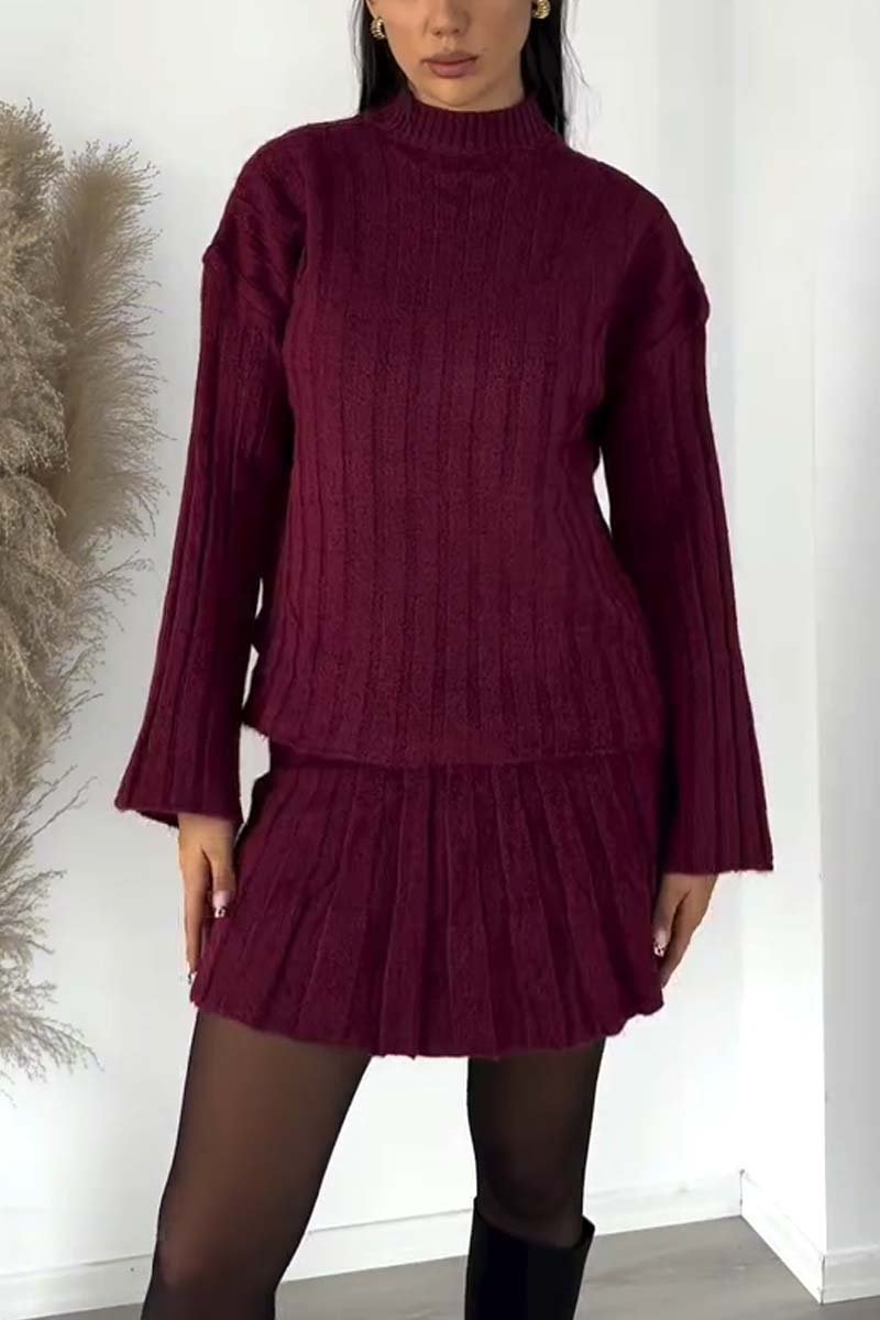 Women's simple solid color wide striped sweater skirt suit