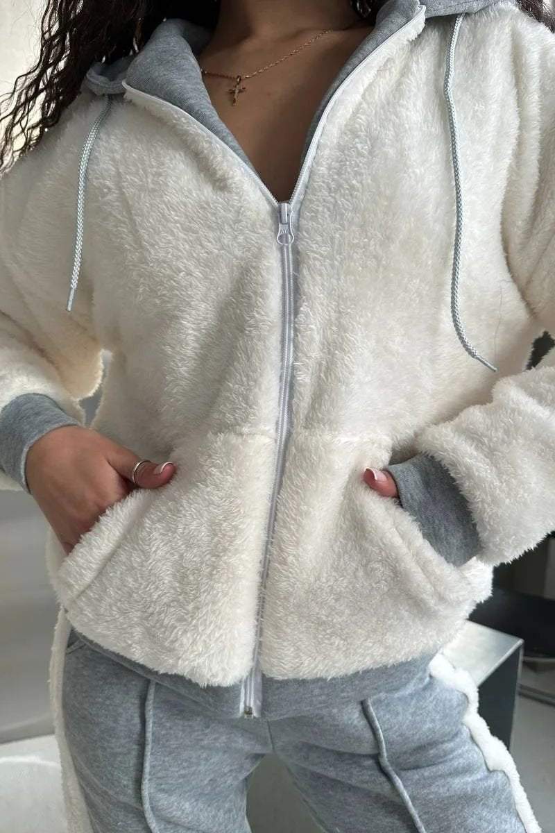 Women's Casual Contrast Color Plush Hooded Pants Set