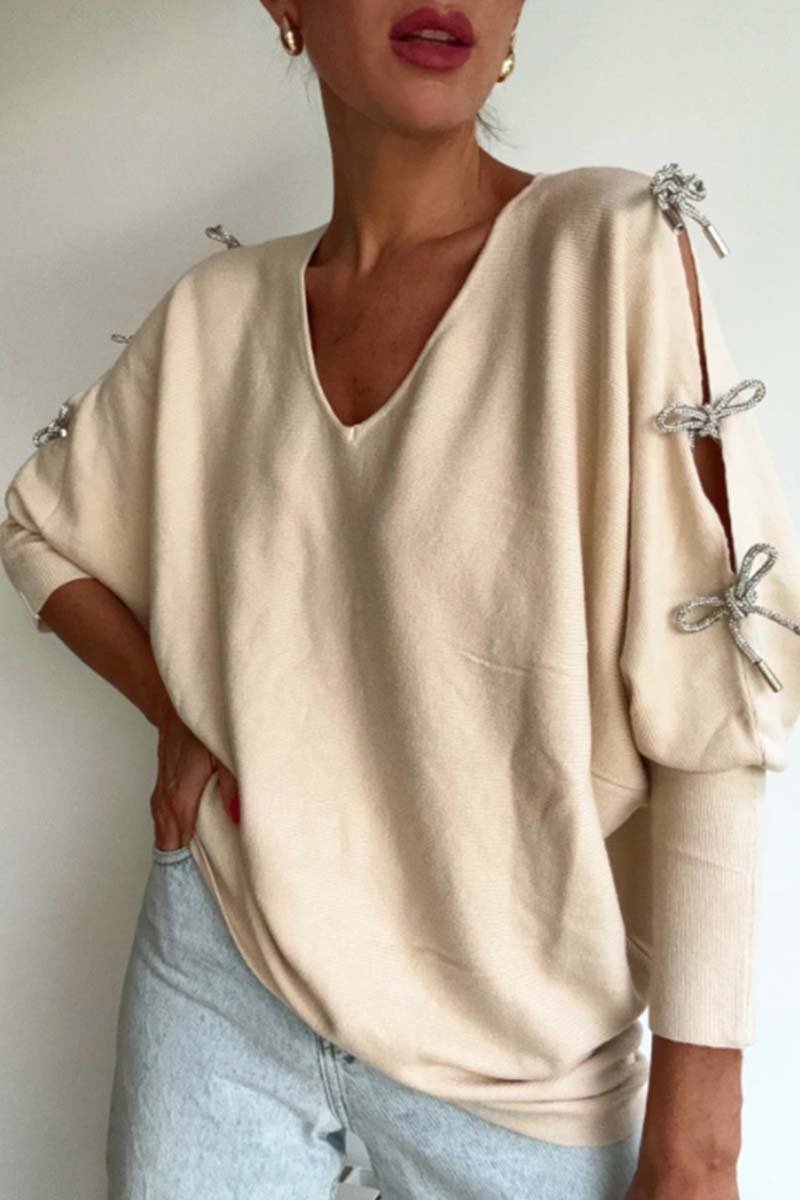 Women's Tie-Shoulder V-Neck Long Sleeve Sweater