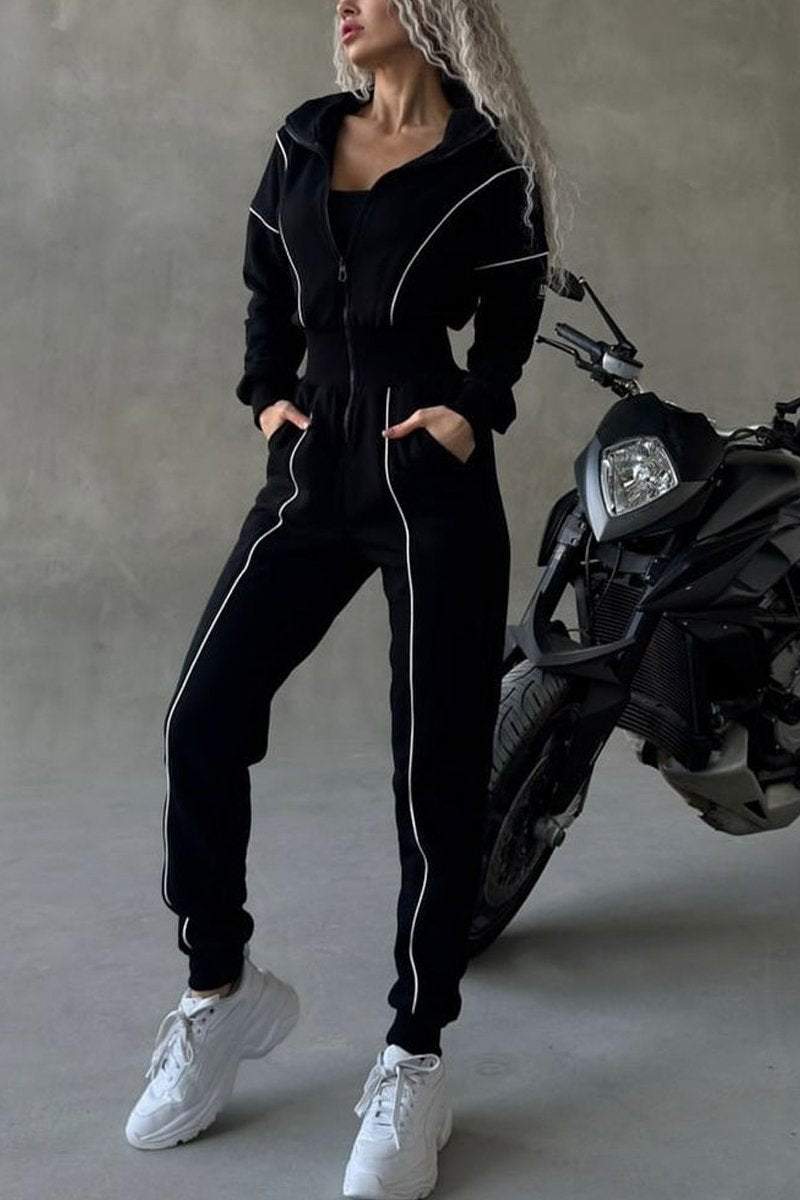 Women's Casual Lapel Half-zip Jumpsuit