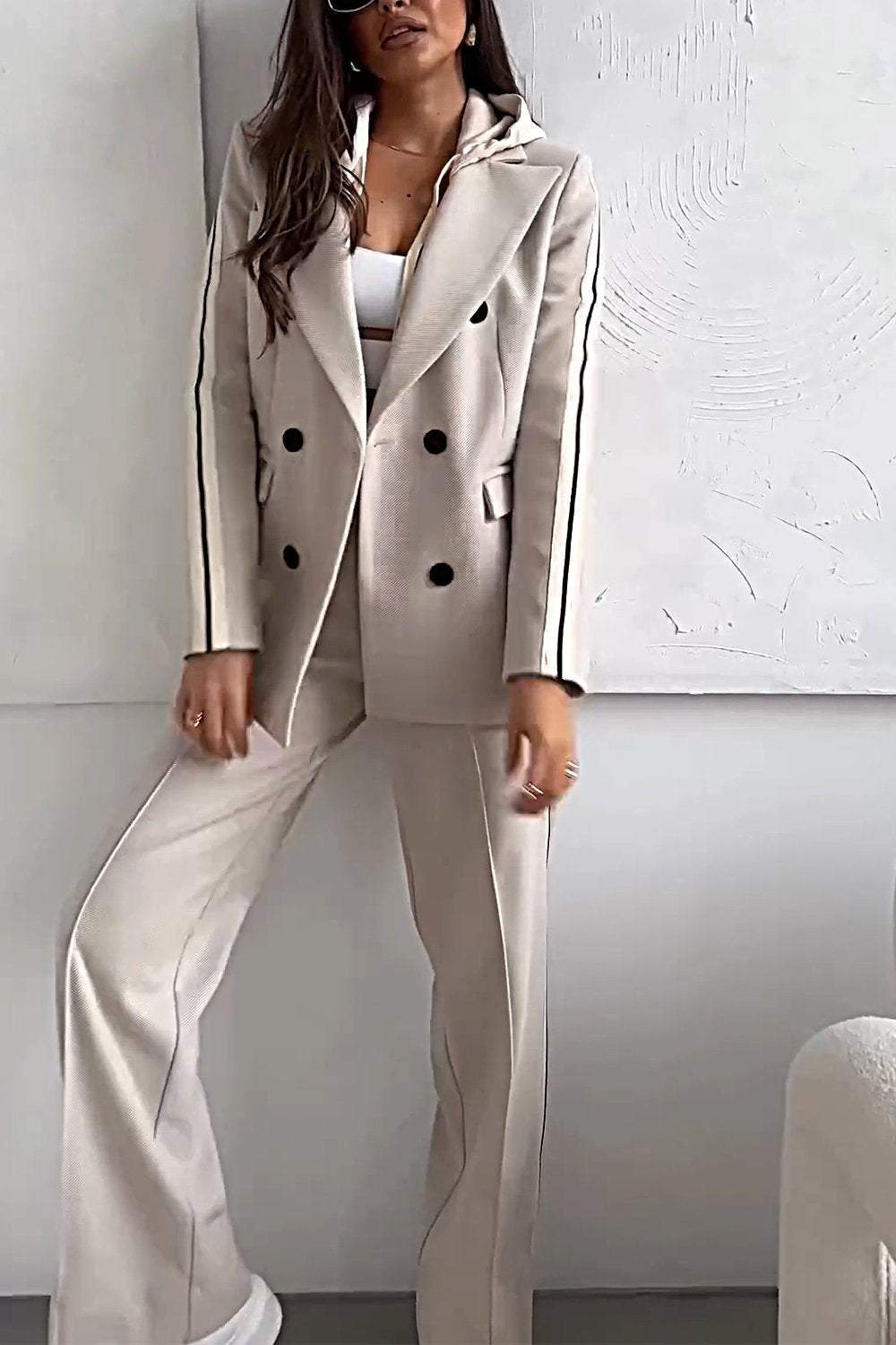 Women's Contrast Color Casual Suit Top & Pants Two-piece Set