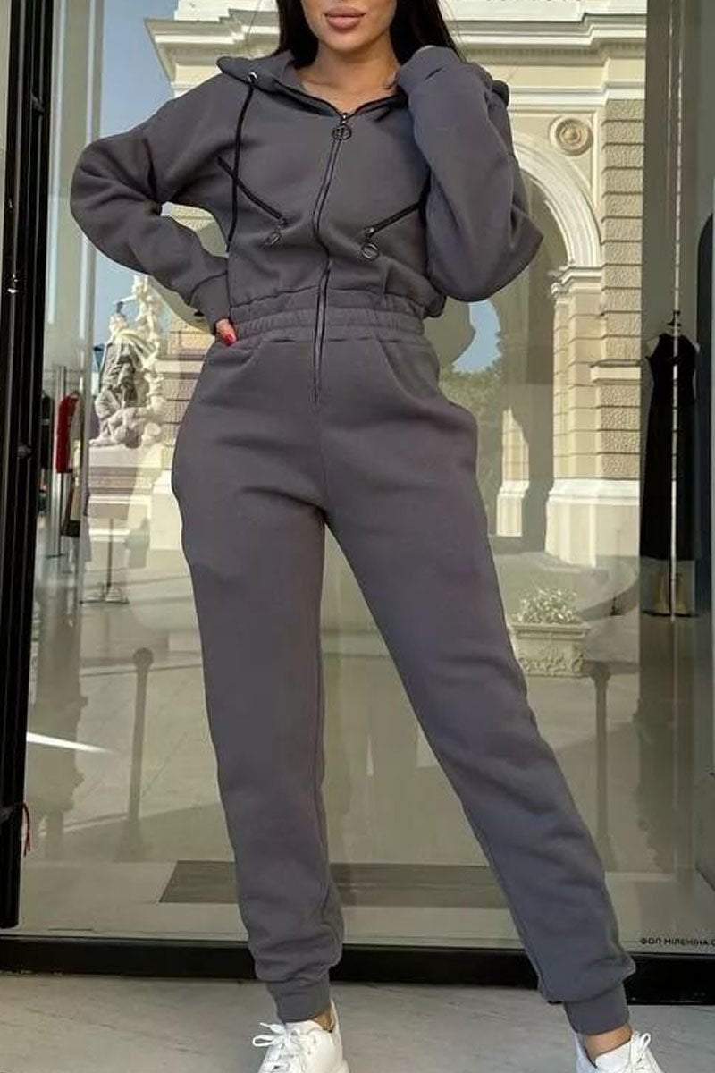 Solid Color Zipper Long Sleeve Jumpsuit