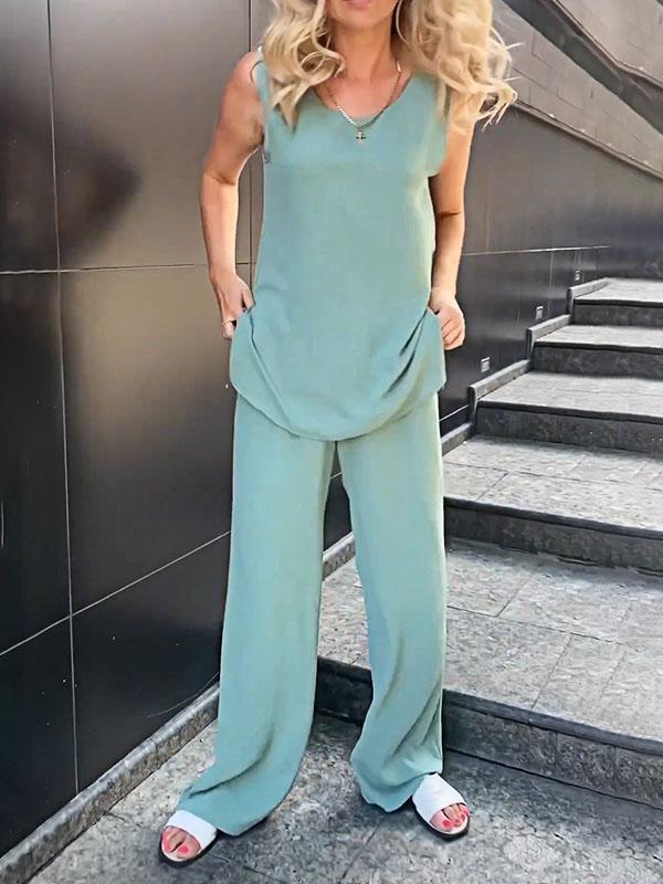 Women's Solid Color Chiffon Sleeveless Vest Top and Pants Two-piece Set