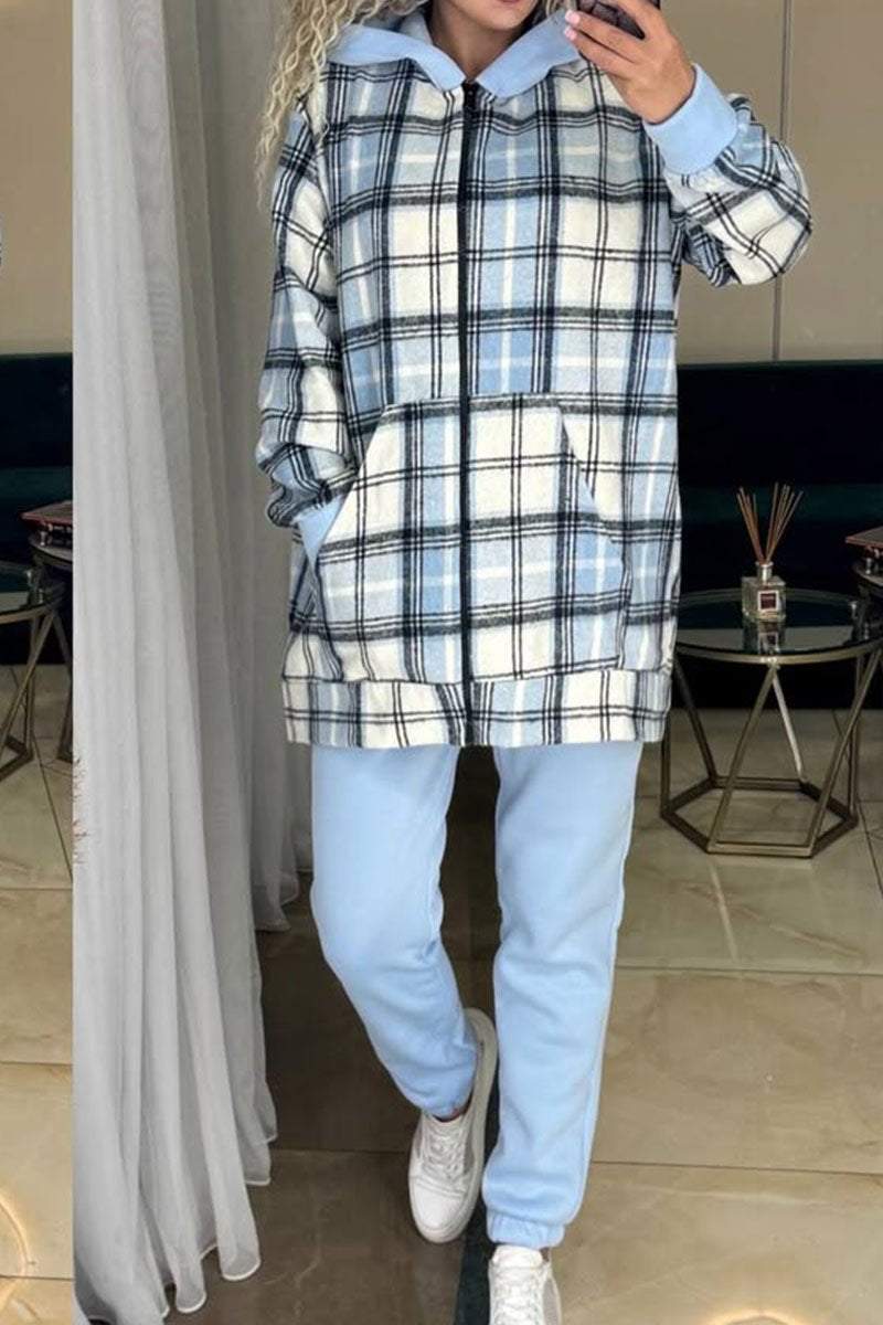 Women's Casual Plaid Print Long-sleeved Sweatshirt Two-piece Set