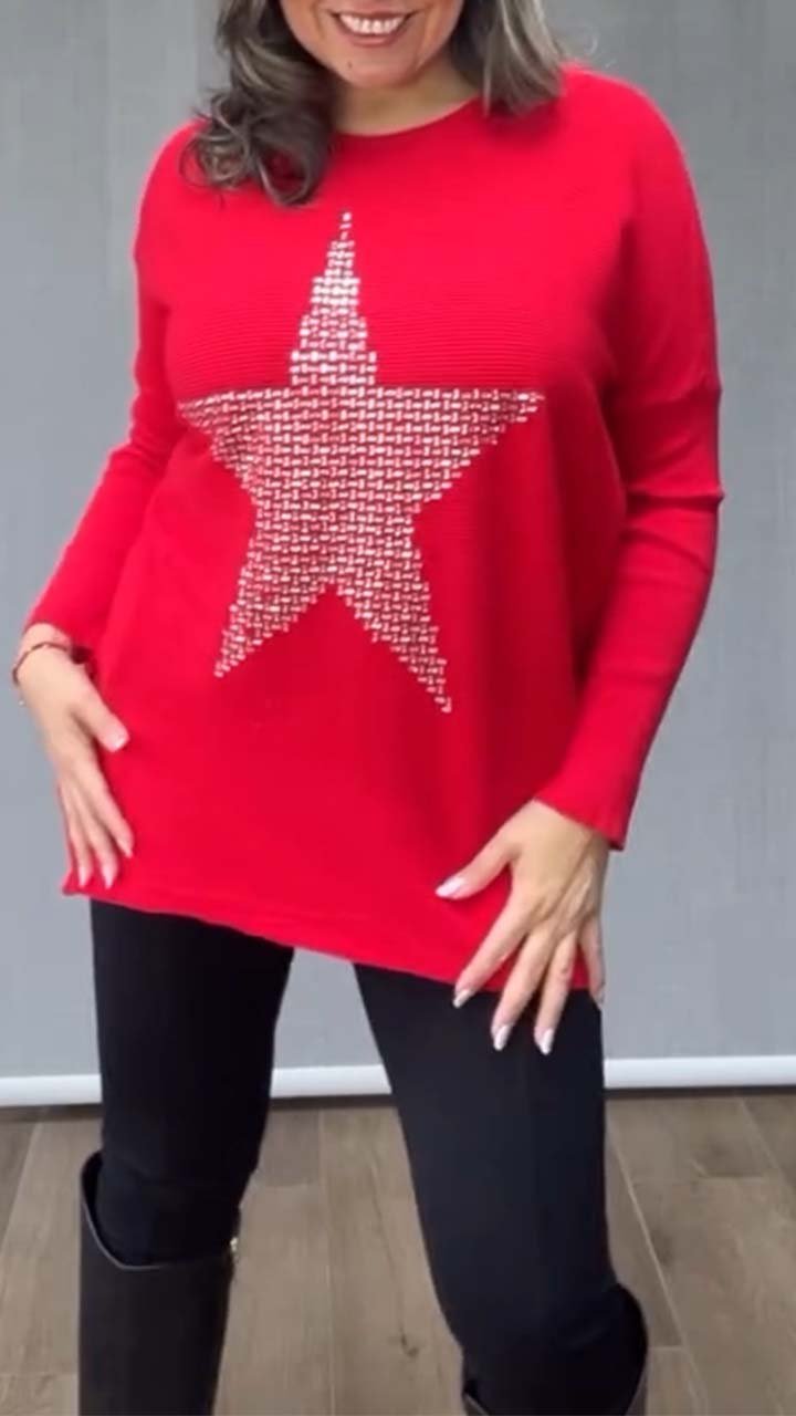 Women's Casual Five-pointed Star Silver Printed Pullover Long-sleeved Sweater