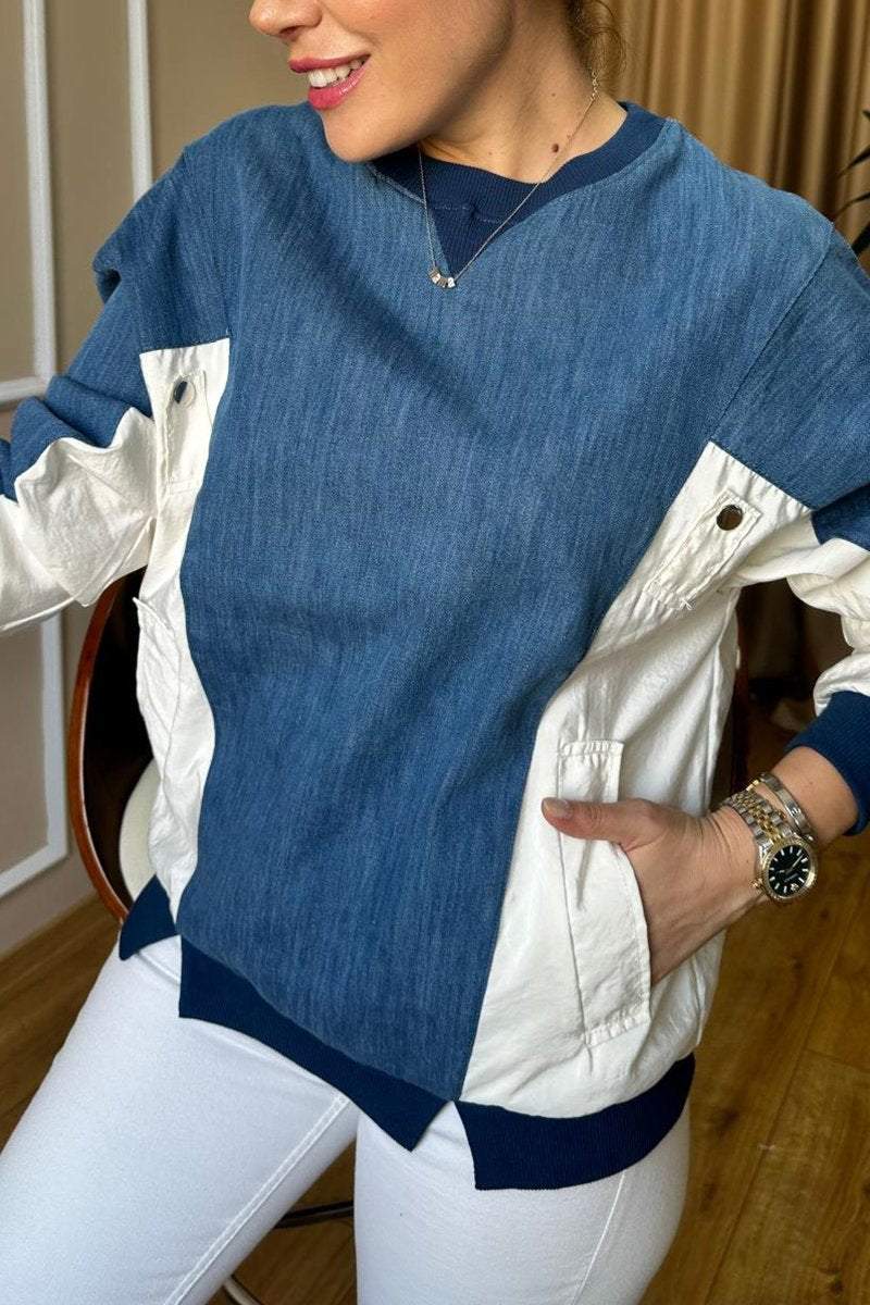 Women's Casual Contrast Patchwork Crew Neck Sweatshirt