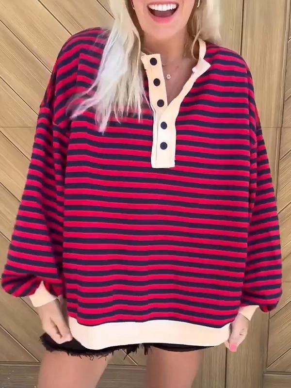 Women's Round Neck Half-button Striped Long-sleeved Top