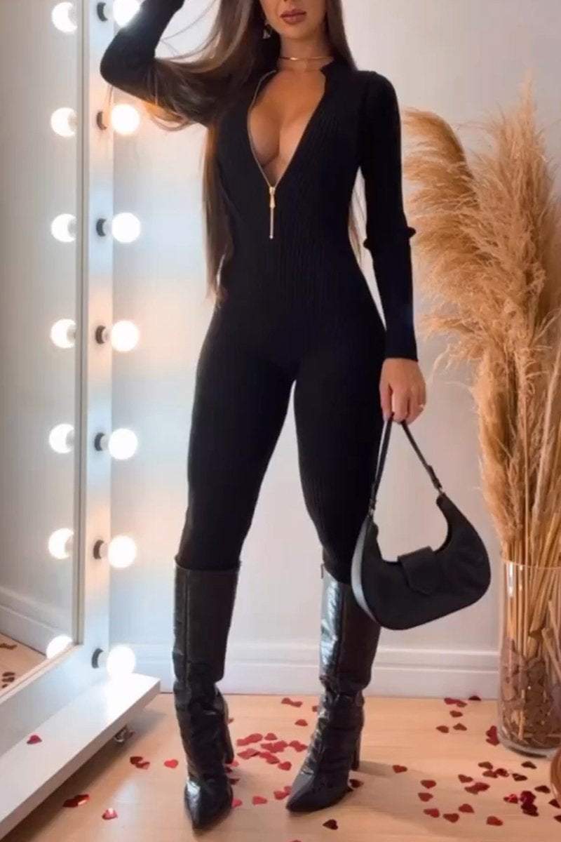 Women's Solid Color Zipper-tight Jumpsuit