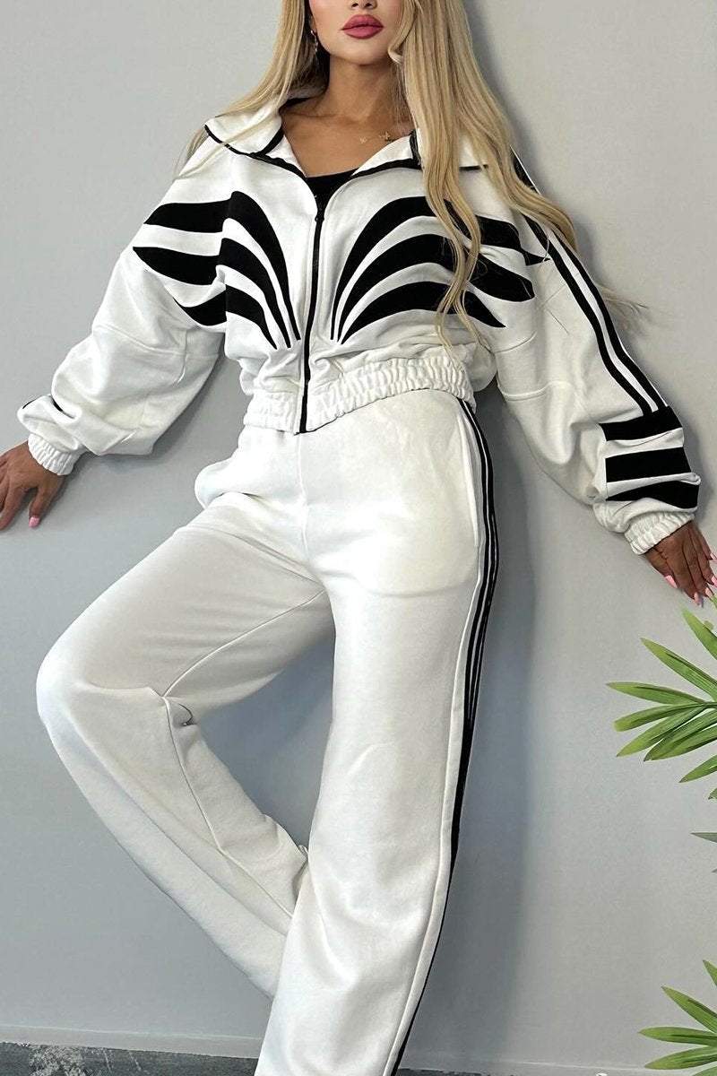 Women's Contrast Color Long Sleeve Pants Suit