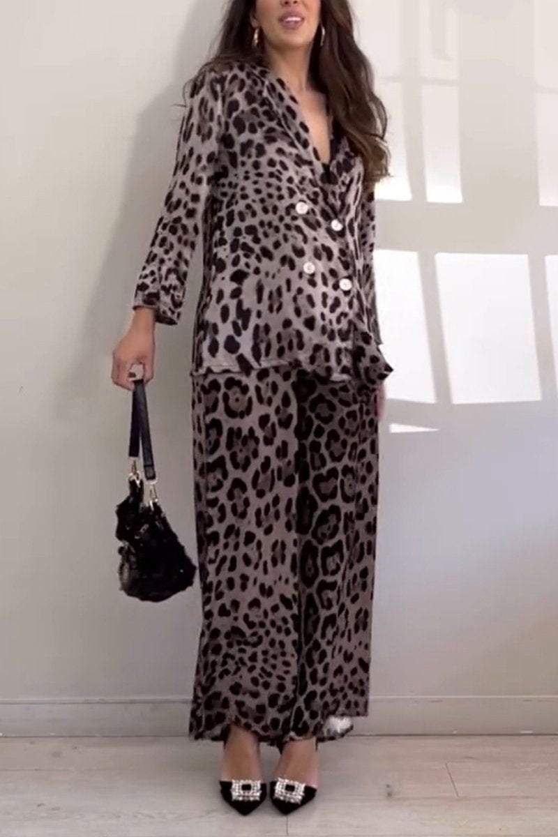 Women's Casual Lapel Leopard Printed Two-piece Suit