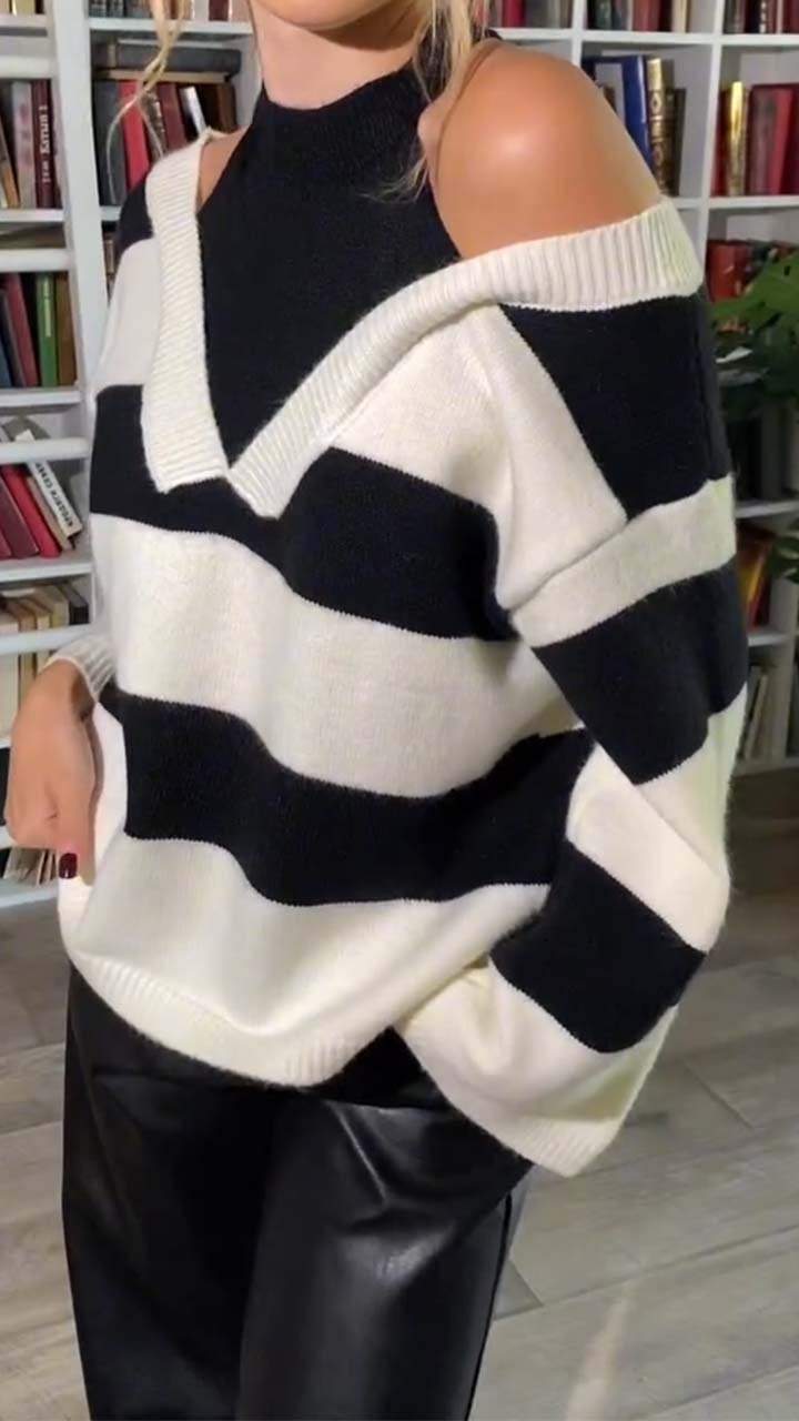 Women's Casual Off-shoulder Striped Sweater