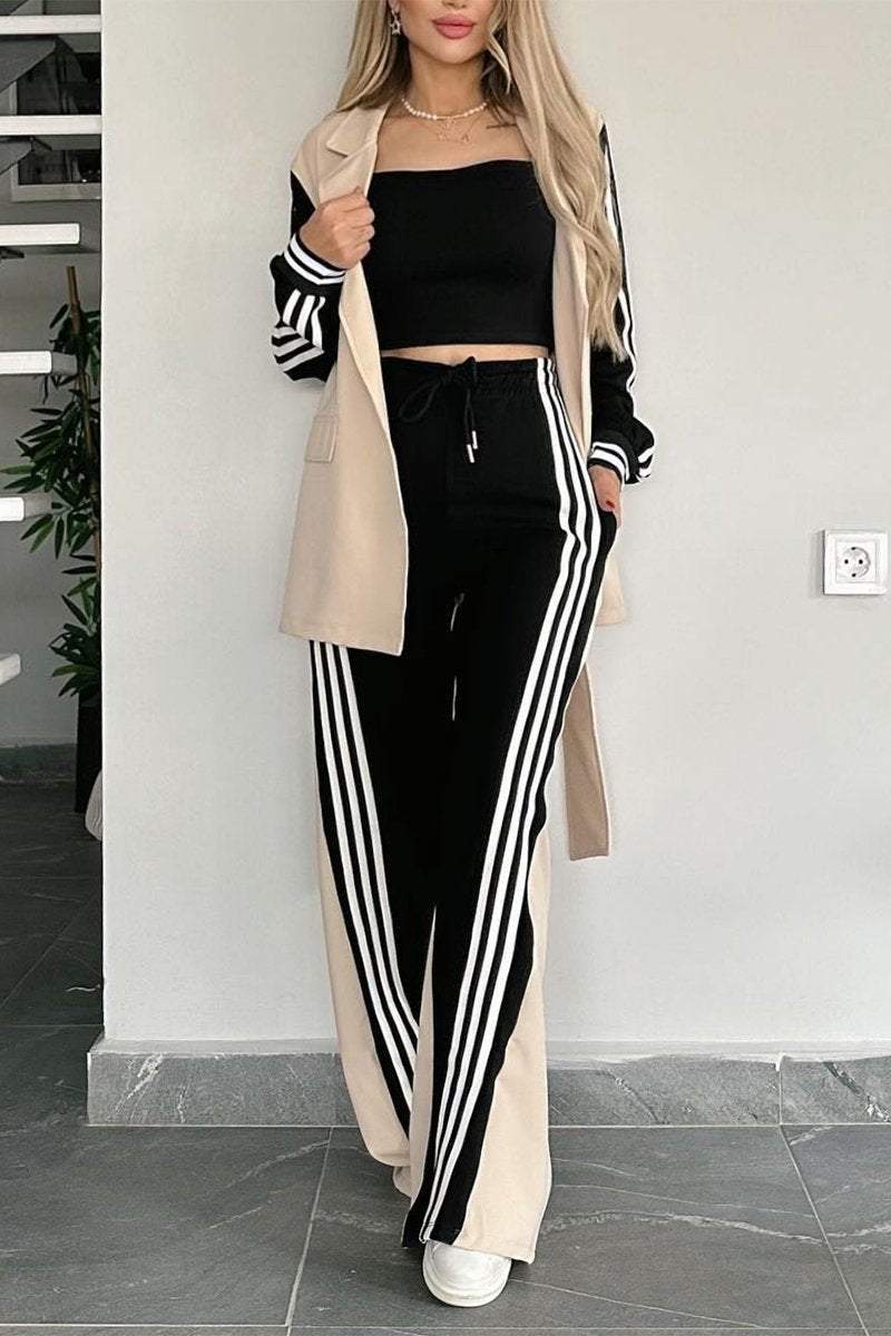 Women's Casual Contrast Color Splicing Web Pants Suit