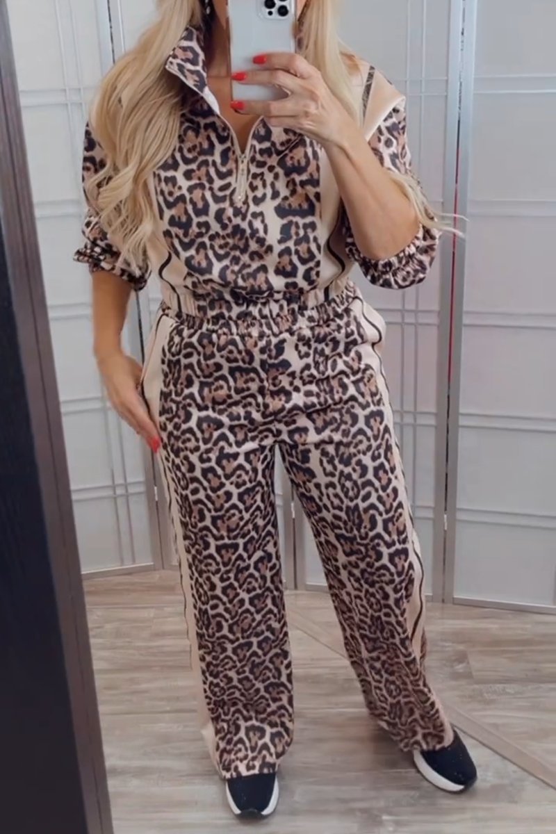 Women's Casual Patchwork Leopard Print Pants Suit