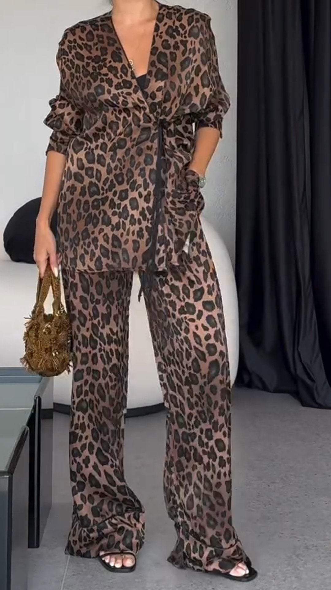 Women's Casual Leopard Print Two Piece Set