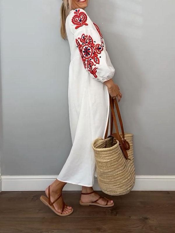 Women's Embroidered Casual V-neck Dress