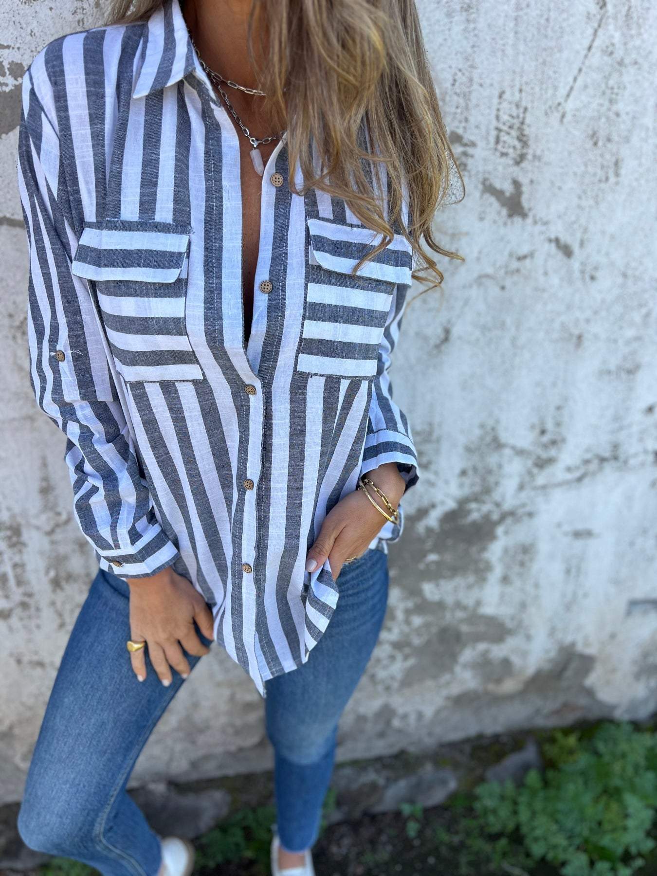 Women's Lapel Long Sleeve Striped Casual Shirt