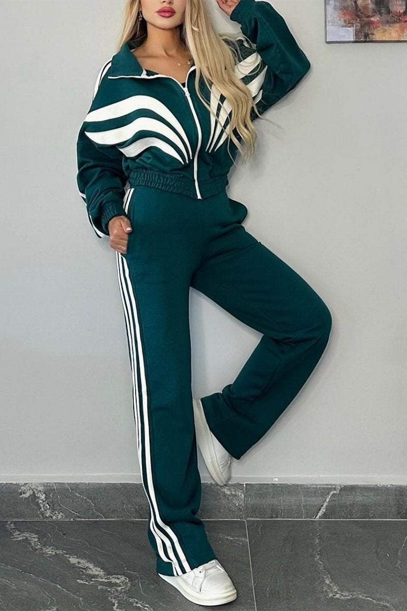 Women's Contrast Color Long Sleeve Pants Suit