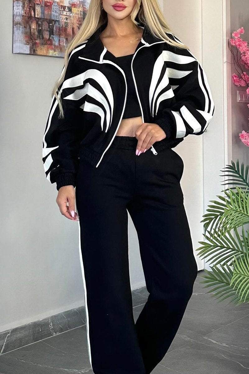 Women's Contrast Color Long Sleeve Pants Suit