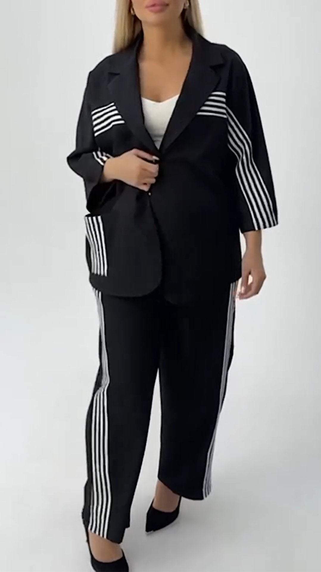 Women's Casual Lapel Striped Two-piece Set