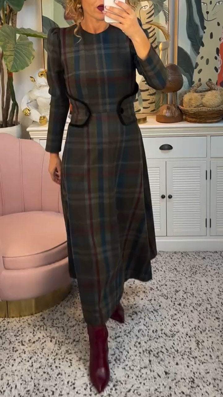 Women's Round Neck Long Sleeve Plaid Dress