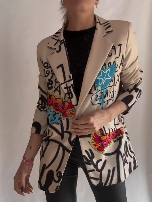 Women's Casual Lapel Graffiti Printed Suit Jacket