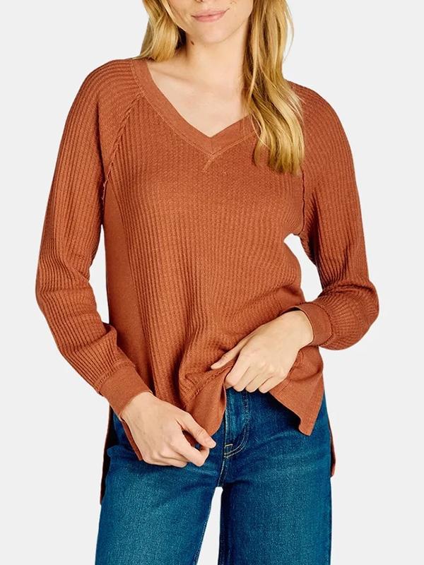 Women's V-neck Solid Color Waffle Top