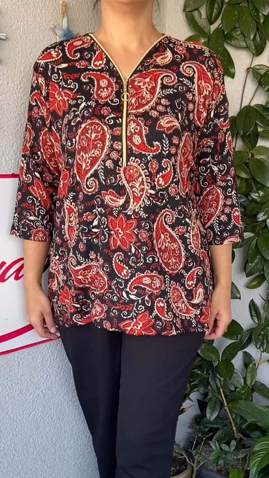 Women's Casual Paisley Print Zip Neck Long Sleeve Top