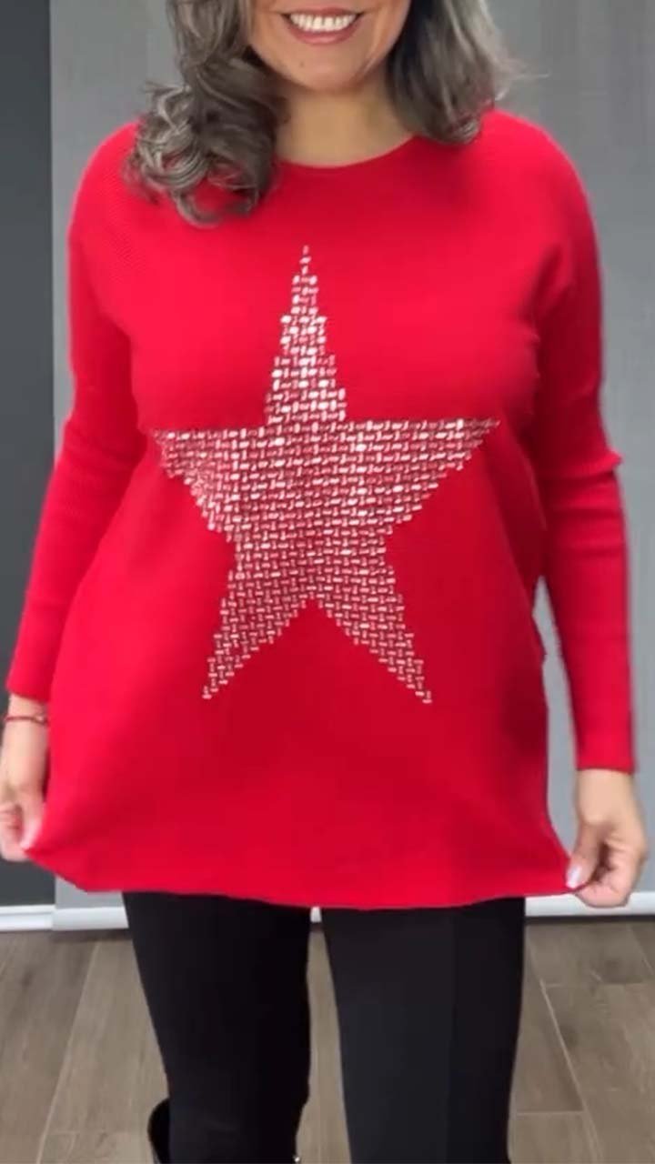 Women's Casual Five-pointed Star Silver Printed Pullover Long-sleeved Sweater