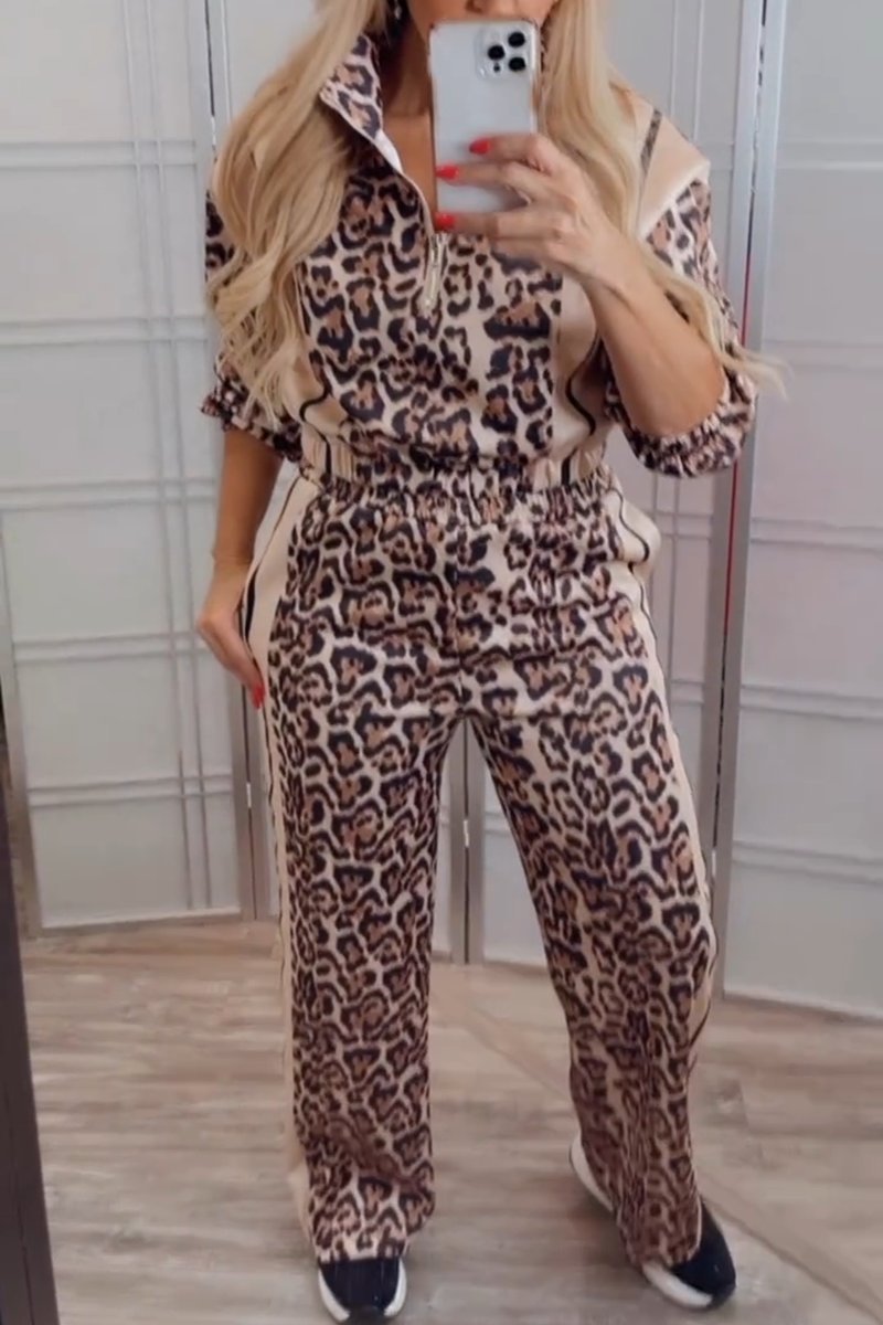 Women's Casual Patchwork Leopard Print Pants Suit