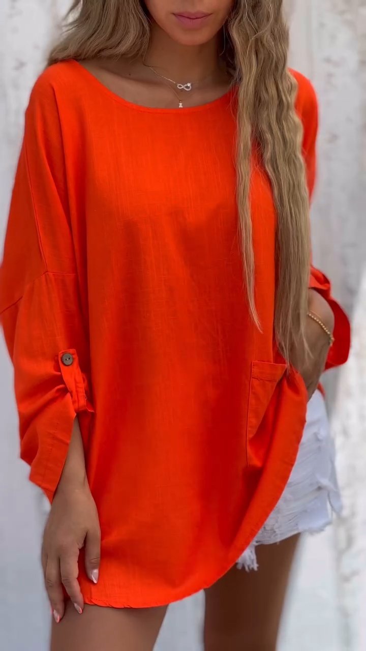 Round Neck Cotton and Linen Casual Solid Color Mid-sleeve Top