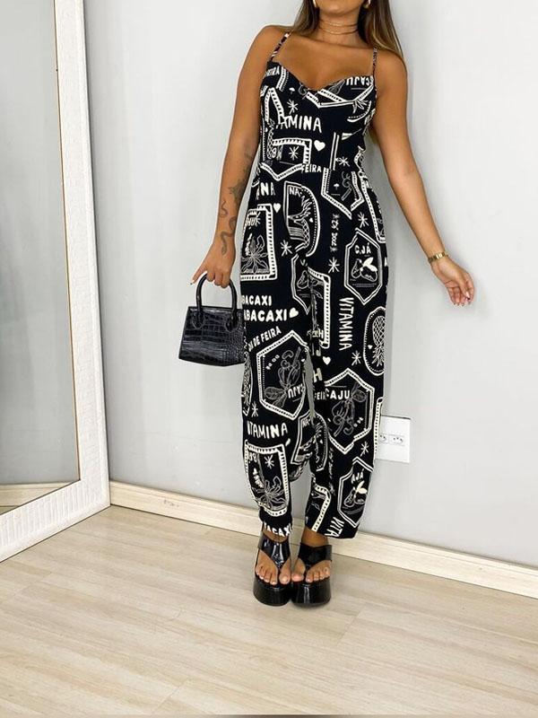 V-neck Letter Print Jumpsuit