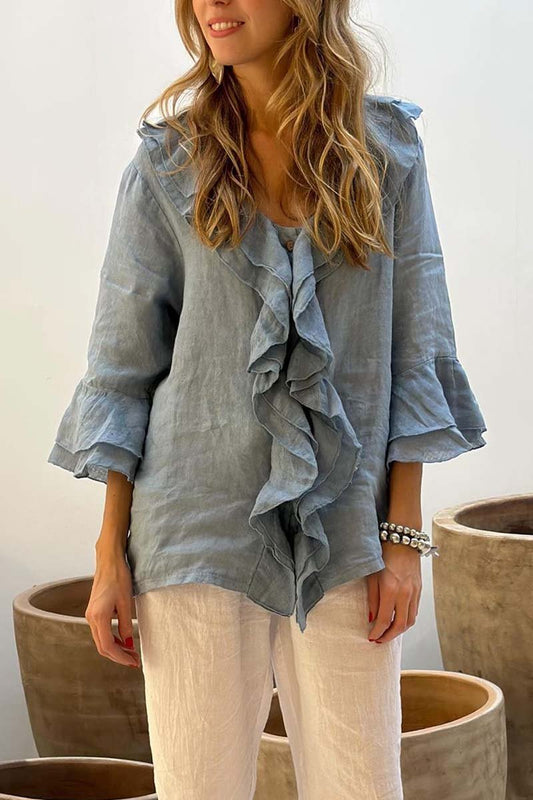 Women's casual ruffle collar cotton and linen tops