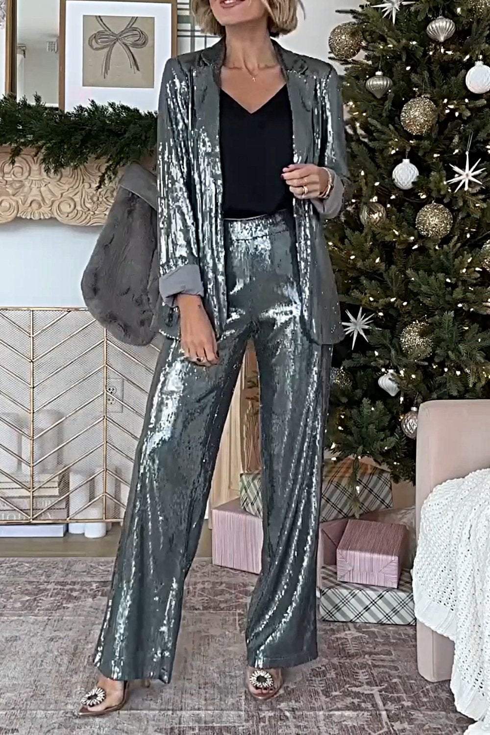 Women's Fashion Sequined Jacket & Pants Two-piece Set