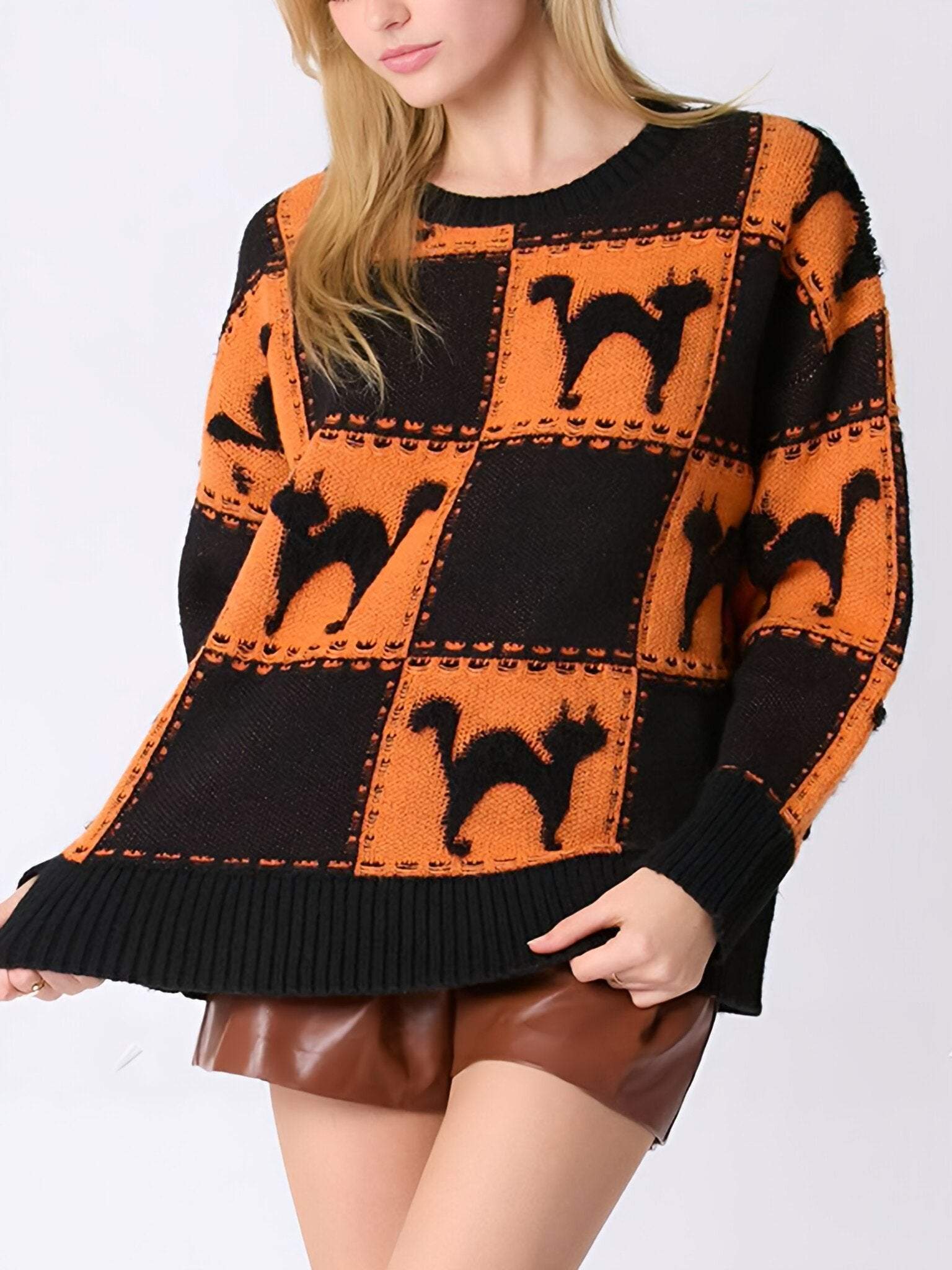 Women's Round-neck Halloween Ghost Plaid Pullover Knitted Sweater