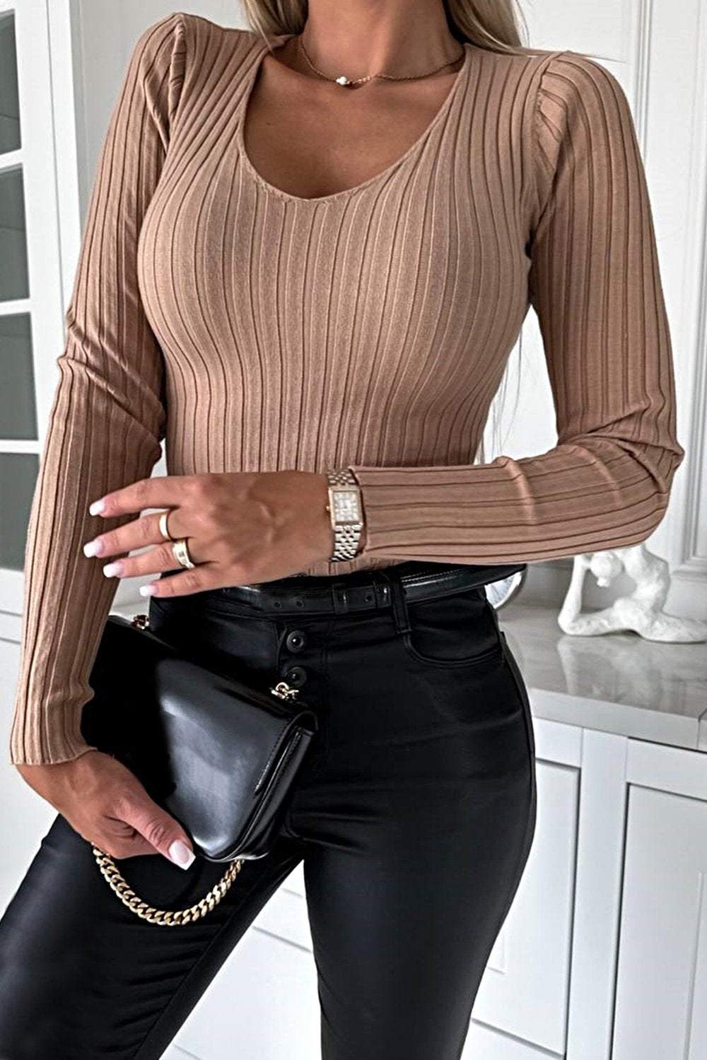 Women's Solid Color Textured Slim Stretch Blouse