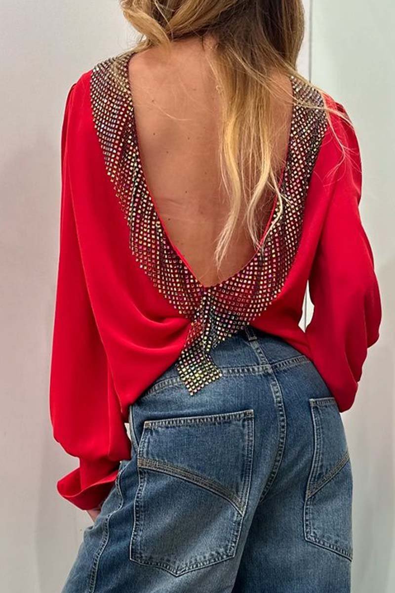 Women's Stylish Diamond Embellished Backless V-Neck Top