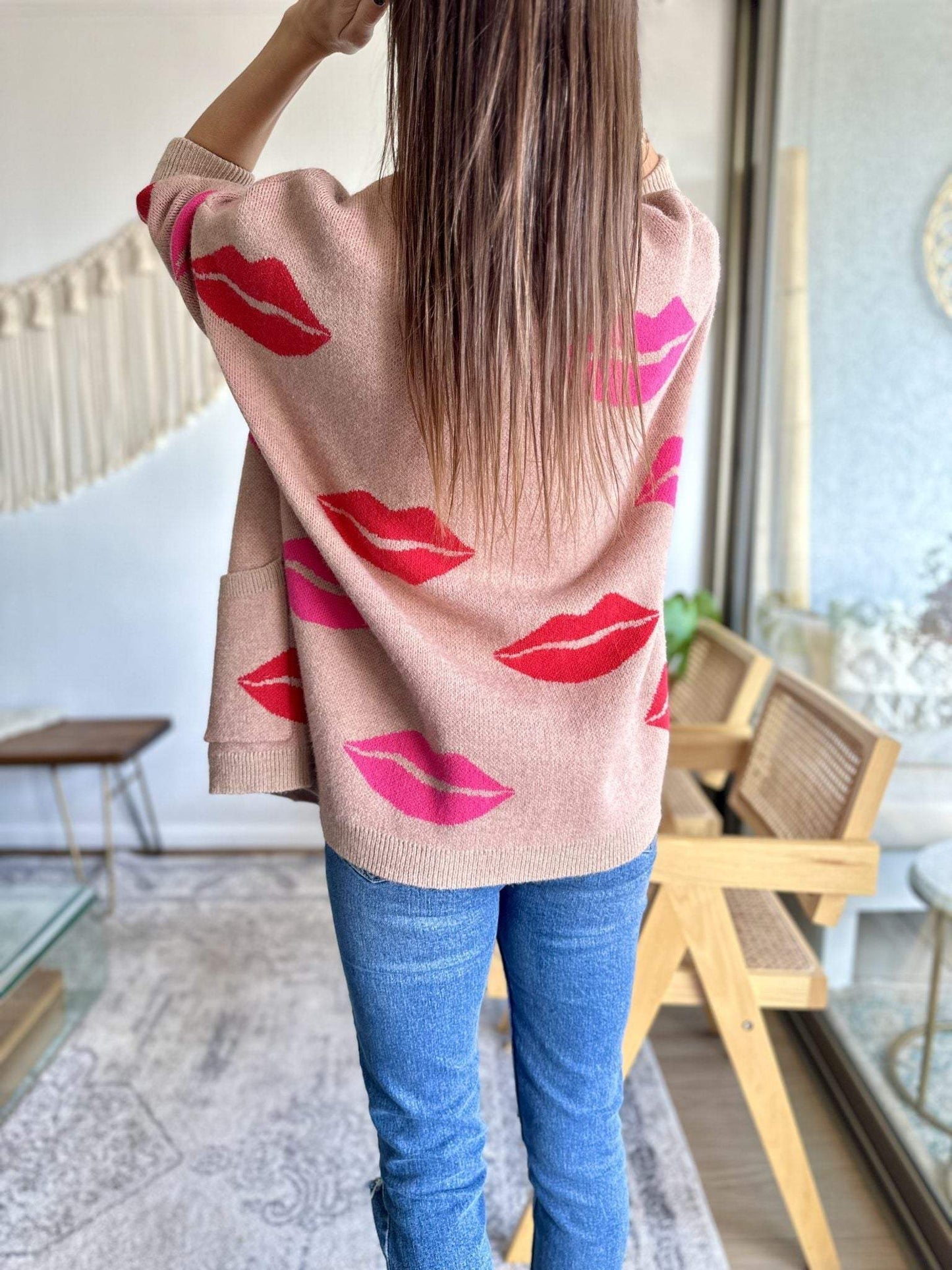 Women's Casual Lip Print Knitted Cardigan