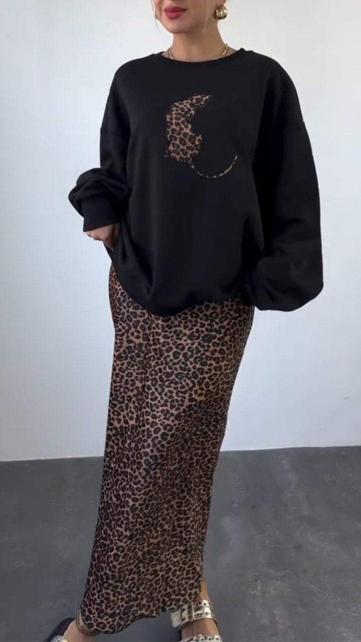 Women's Round Neck Long Sleeve Leopard Print Sweater Dress Suit