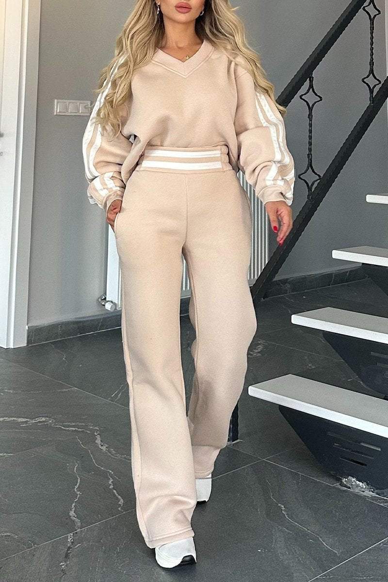 V-neck Long-sleeved Striped Design Casual Sweatshirt Suit