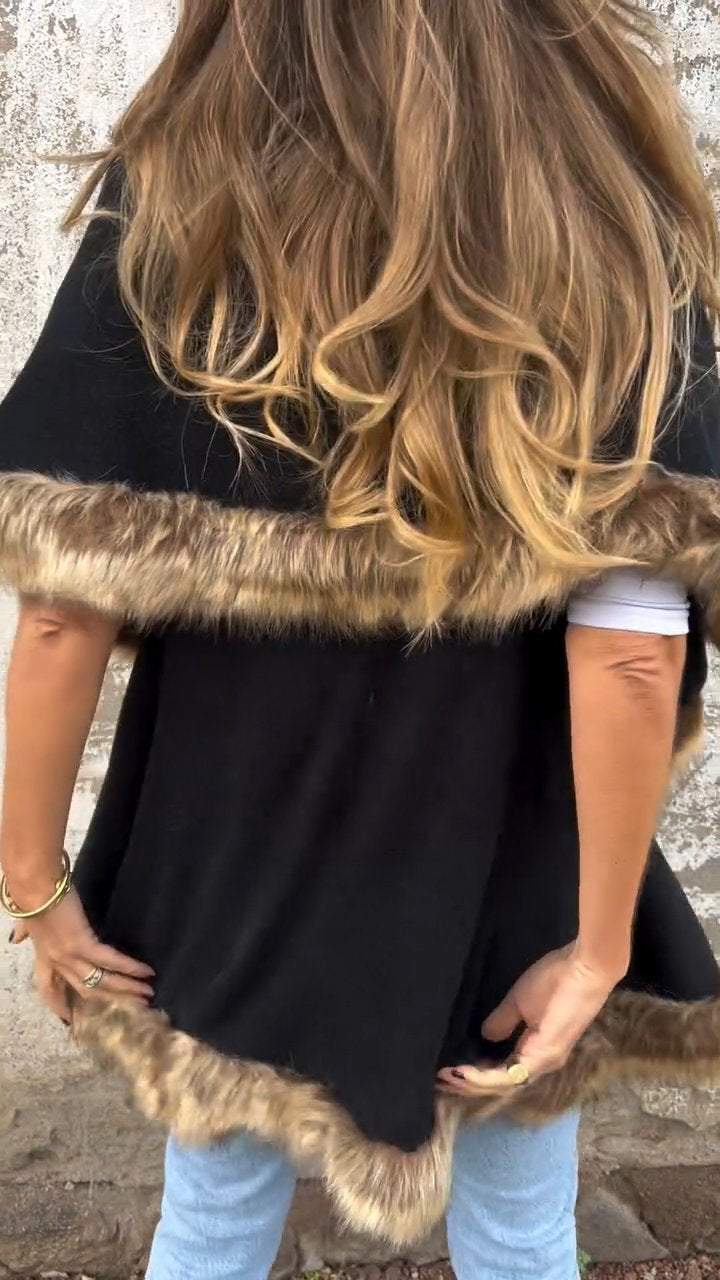 Women's Mid-length Sleeve V-neck Fur Collar Cape Coat