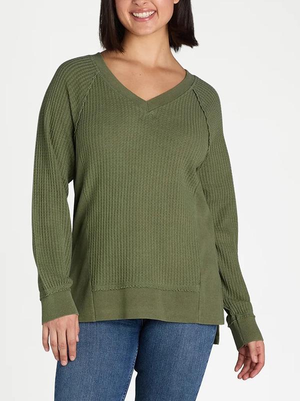 Women's V-neck Solid Color Waffle Top