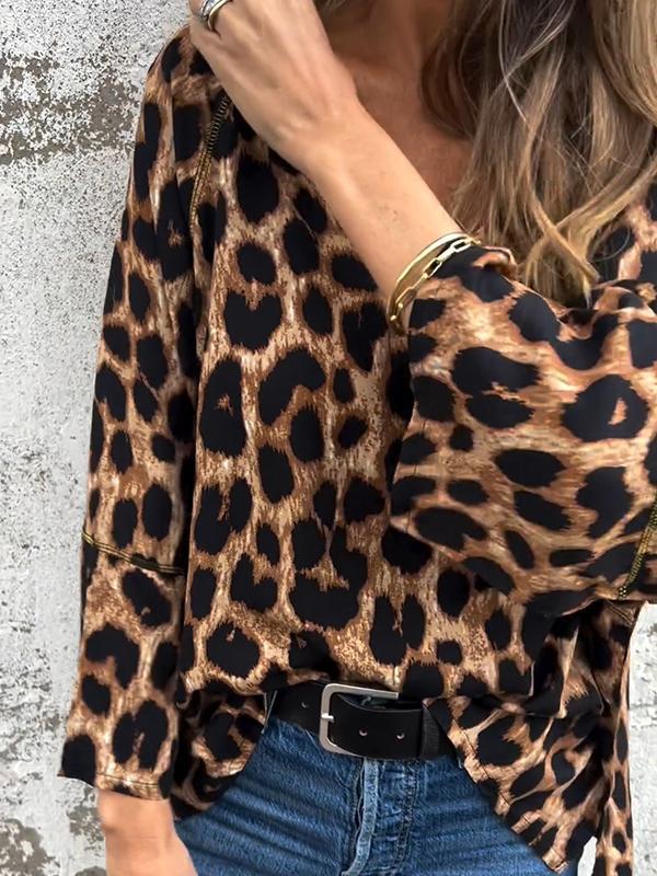 Women's V-neck Leopard Printed Long Sleeve Top